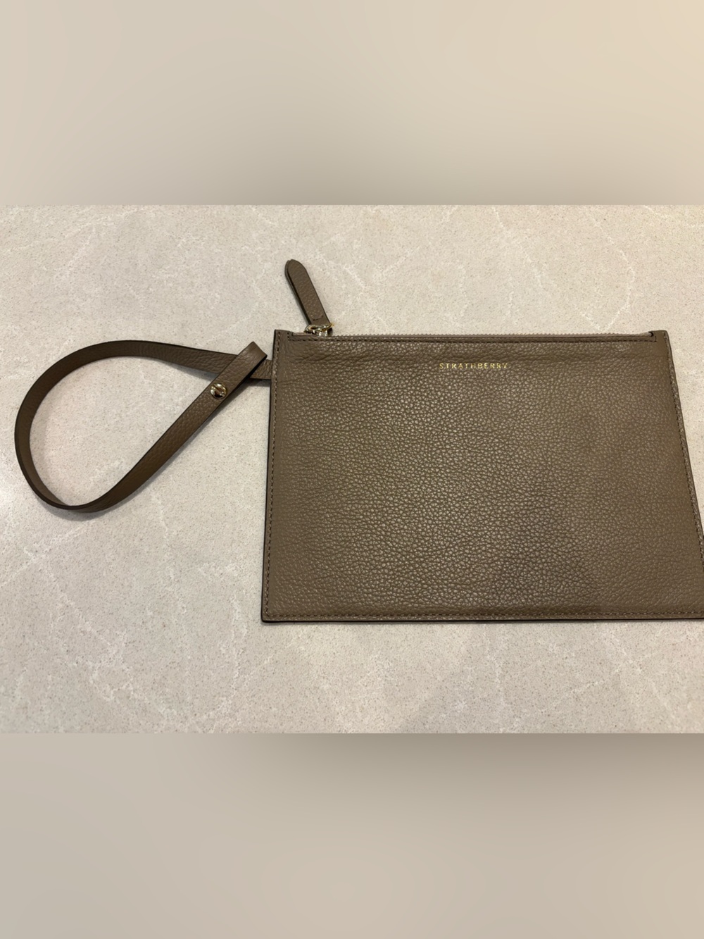 Strathberry Scotland Leather Pouch Wristlet Wallet Gray Taupe Brown Luxury Bag